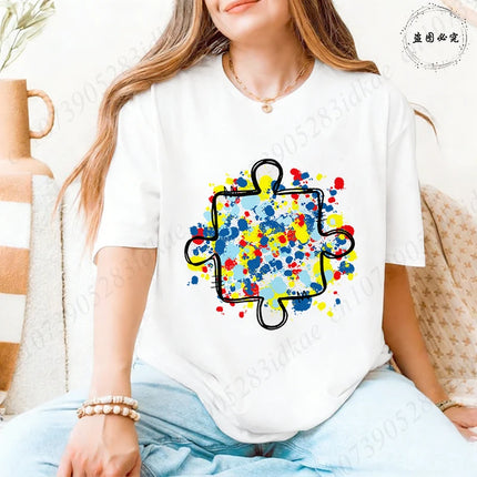 2026 Trendy Women's Autism Awareness T-shirts Creative Colorful Splatter Puzzle Graphic Female Clothing Short Sleeve Casual Tees