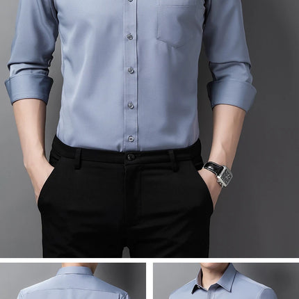 6XL Men Shirt Long Sleeve Slim Fit Luxury Smooth Soft Anti-wrinkle Non-ironing Solid Color Ice Silk Shirts Men Long Sleeve