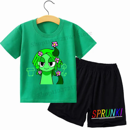 2pcs Sprunki T-shirt Shorts Set for Children Anime Cartoon Fashion Short Sleeved Shirt Pants Suit Boys Girls Summer Kawaii Suits