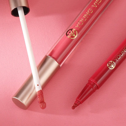 YOUNG VISION Lip Glaze + Lip Liner set liquid Lip Liner Waterproof non-stick cup Moisturizing easy color 12 color lip gloss