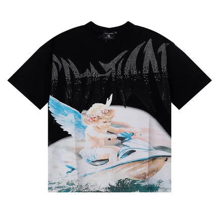 MIXED EMOTION Rhinestone Short Sleeve Men Women Tshirt Streetwear Cotton Loose Round Neck Top Tees Oversized Tee Top Trendy