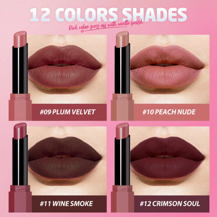 Peach Nude Velvet Matte Lipstick 12 Color Waterproof Lipstick Pencil Long-Lasting Highly-Pigment Rose Wood Lip Stain Tint Makeup