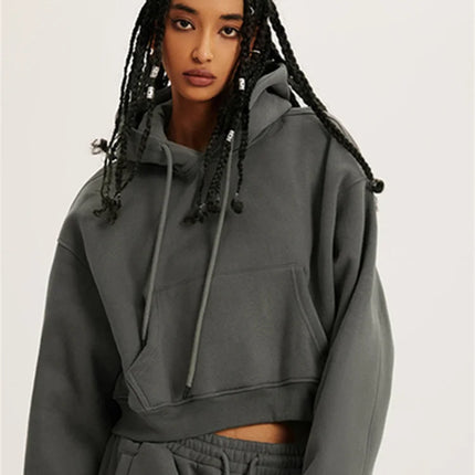 Fashion Loose Hoodies Women Autumn Winter Long Sleeve Crop Top Streetwear Solid Drawstring Hooded Shirt Casual Female Sweatshirt