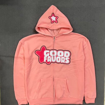 Y2K Sweet Cool Pink Star Bubble Letter Zip Hoodie Pocket Loose Long Sleeve Coat