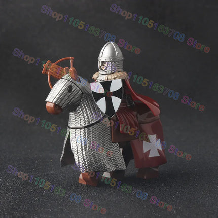 MOC Medieval Military Crusader Knight Building Blocks Castle Army Soldier Figure Horse Mount Shield Sword Accessories Bricks Toy