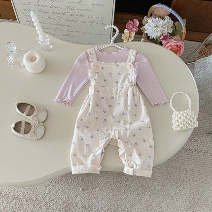 Autumn baby and toddler long-sleeved overalls set: A casual base layer shirt and a sweet two-piece set of printed overalls