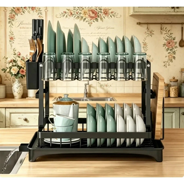 Metal 2 Tier Dish Drainer Rack Kitchen Countertop Tableware Organizer With Removable Drip Tray For Home Daily Use