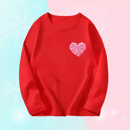 Pink Flower Heart Print Girls T-Shirt Casual White Tops Spring Long Sleeve Kids T-Shirt Kawaii Love Print Tops