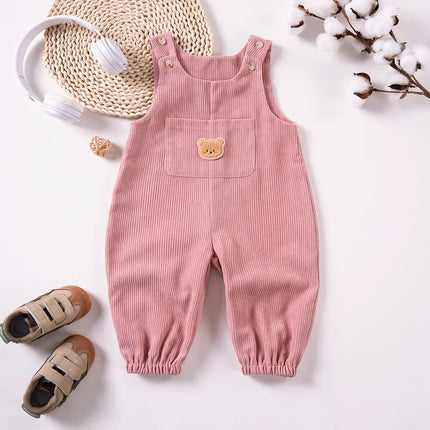 Baby Boys Girls Jumpsuits Cute Bear Graphic Denim Bib Pants with Small Pocket Toddler Overalls for Spring Autumn