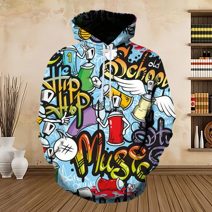 Men's Painted Graffiti Flow Printed Hoodie Casual Trendy Long Sleeve Sports Top Street Men's Colorful Pattern Hoodie Sweatshirt