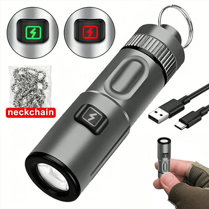 Mini Keychain Flashlight USB Rechargeable LED Pocket Torch with Necklace Portable 6 Lighting Modes Camping Emergency Lantern
