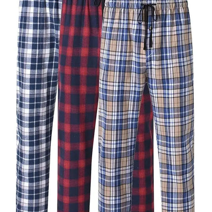 3Pcs Men's 100% Cotton Plaid Pajama Sleeping Pants, Long Plaid Print Sleepwear Pajama Pants with Elastic Waist Homewear