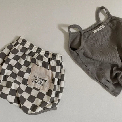 Korean Style Ins Fashion Kids Tank Top & Checkered Shorts Set Boys Girls Summer Lightweight Cotton Clothing New 2025‌