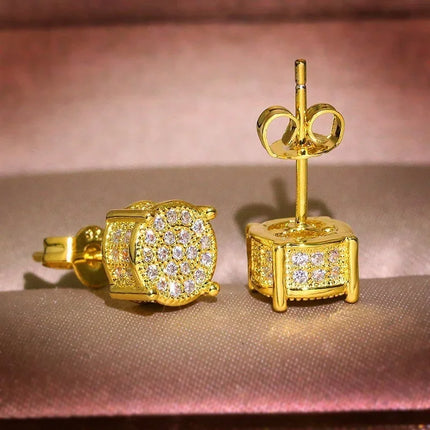 Luxury Gold Color Round CZ Stud Earrings Hip Hop Zircon Stud Earrings Piercing Ear Accessories Hiphop Trend Jewelry