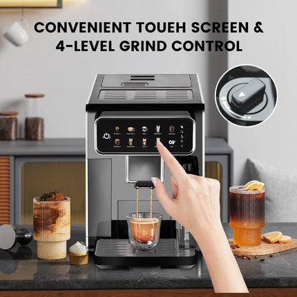 Mcilpoog AM7203 Automatic Espresso Machine ，Built-In Milk Frother & Tank, 7 Coffee Varieties, Touchscreen