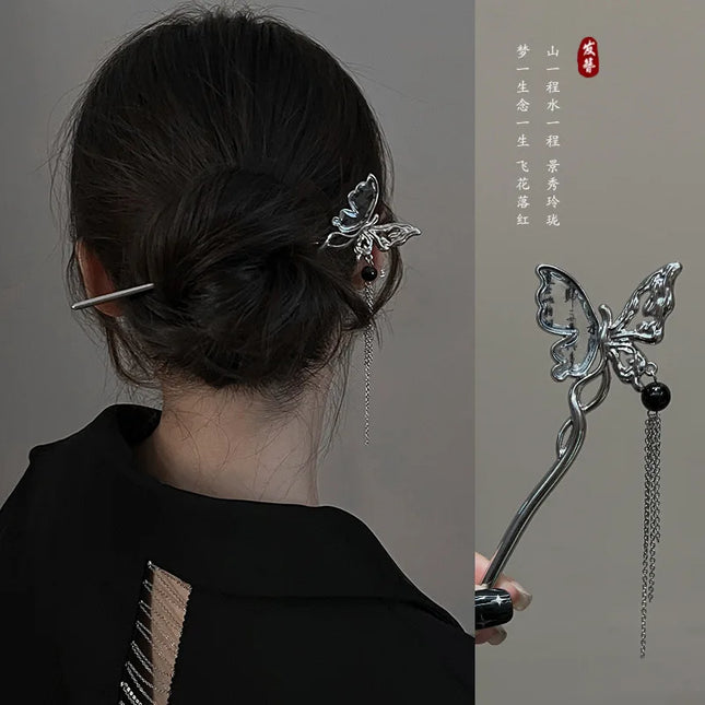 New Chinese Style Butterfly Flower Tassel Hair Stick for Women Vintage Metal Hanfu Chopstick Hair Sticks Hair Accessories
