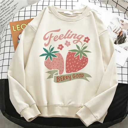 2026 Fashion Strawberry Womens Hoodies Basic Warm Fleece Sweatshirt Soft Y2k O-Neck Pullover Casual Female Clothes