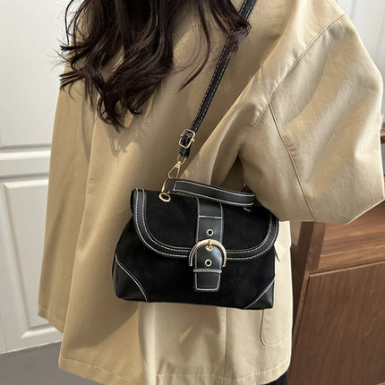 Elegant Shoulder Bag Metal Buckle Suede Leather Mix Maillard Tones Flap Magnetic Snap Multifunction Crossbody Bag for Commute