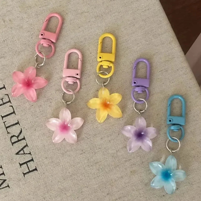 1/5Pcs New Sweet Colorful Flower Keychain Resin Rope Car Key Ring Hanging Jewelry Mini Keychain Girls