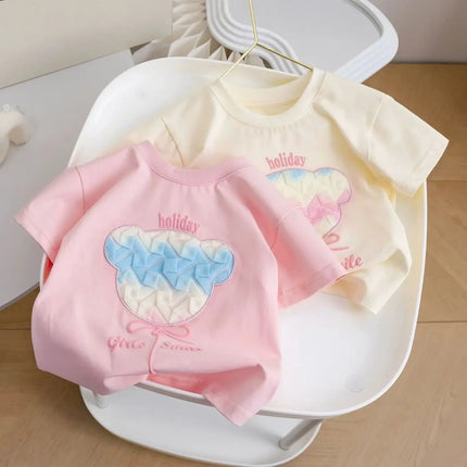 Sweet Cartoon Cotton Short Sleeve T-Shirt for Little Girls 3D Bear Design Summer New Style Children's Casual Wear from Mainland