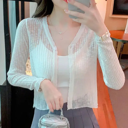 Slim Fit Knitted Long Sleeve Short Cardigan Women's Summer New Style Korean Version Thin Outerwear Pure Color Sun Protection Shi