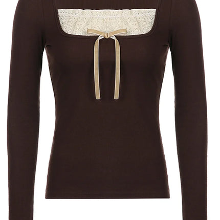 Y2K Women's Long Sleeve Knitted Tops Lace Stitching Neckline Knitwear Bowknot Decoration Slim-Fit T-Shirt Pullovers Clubwear