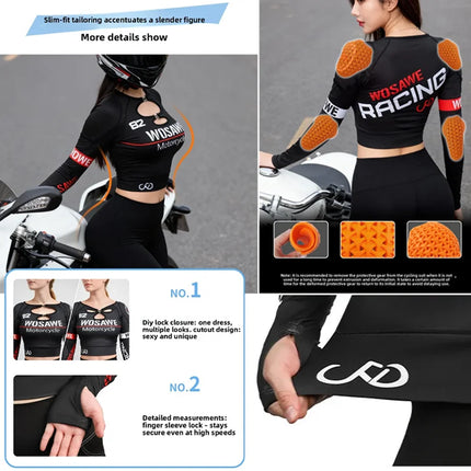 WOSAWE Motorcycle Jacket Women Summer Hollow Mesh Breathable Long Sleeve Motorbike Riding Gear External Removable Pads Short Top