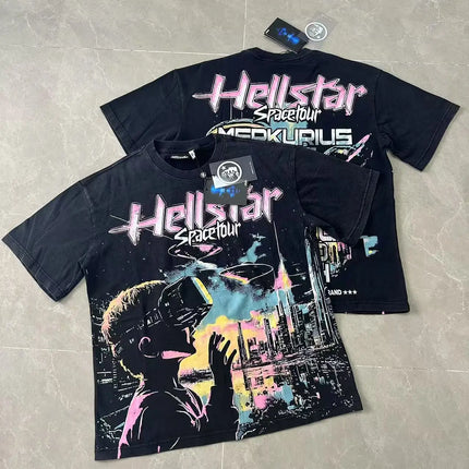 Retro Washed Loose Ex-Ort Sweet T-shirt Hell Star Skull Letter Print High Street Short Sleeve Summer Top for Men and Women