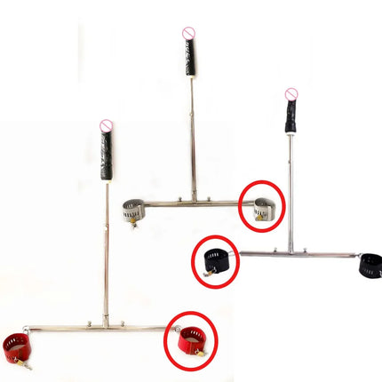 Stainless Steel T Metal Frame Locking Device Open Leg Bar with Fix AnkleCuffs Anal Plug Dildo Open Leg Sex Toy for Couples Adult
