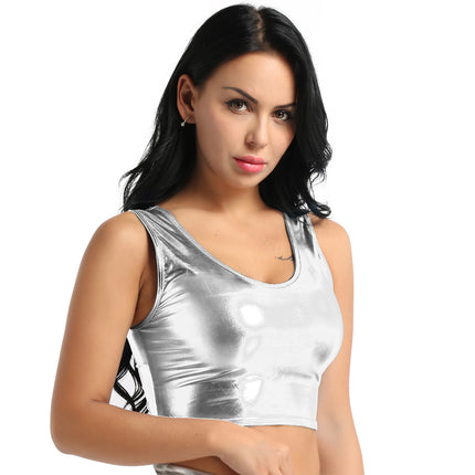 Womens Fashion Shiny Metallic Tank Crop Top Shiny Metallic Vest Tops Bustier Blouse Shirt Camis Rave Party Clubwear Costume