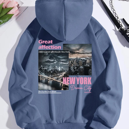 New York Dream City Printed Hoodies Casual Fashion Women Pullover Fleece Warm Pocket Sweatshirt Sporty Oversize Street Clothes