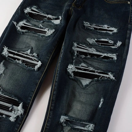 Men Black Leather Patches Denim Jeans Streetwear Skinny Tapered Pants Holes Ripped Dark Blue Stretch Trousers