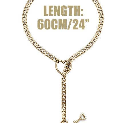 Womens Heart Slip Chain Necklace for Women with Rainstone Lock and Key Cuban Link Chunky Punk Rock Stainless Steel Choker