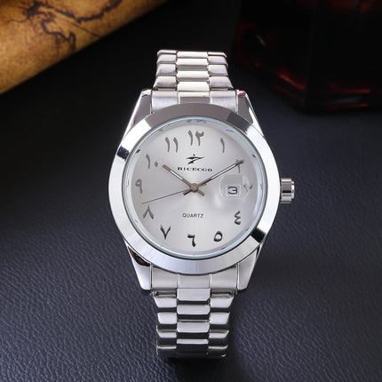A quartz wristwatch with a stainless steel strap and personalized dial, equipped with a date display function. The simple and atmo