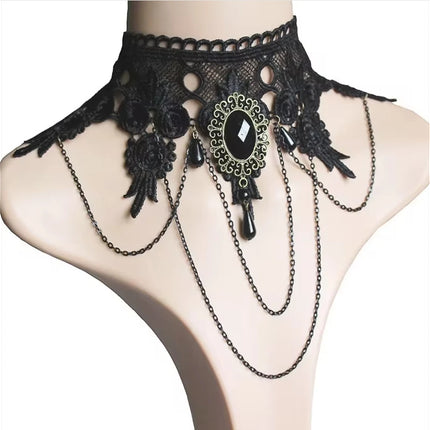 Gothic Victorian Black Lace Necklace Women Girl Boho Crystal Tassel Sexy Lace Choker Dark Loli Style Holiday Party Girl Jewelry