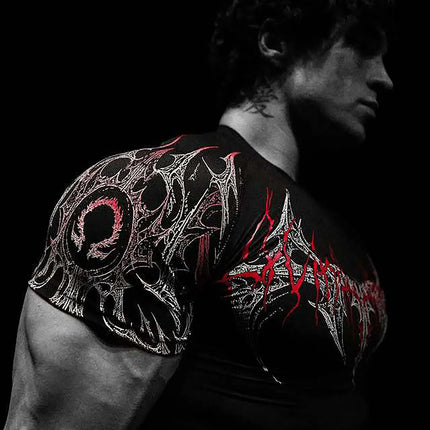 GYM T-shirt Men's Dark Gothic Print Muscle Tee  High Elasticity And Quick Drying Exercise For Bodybuilding Training 2025 Summer