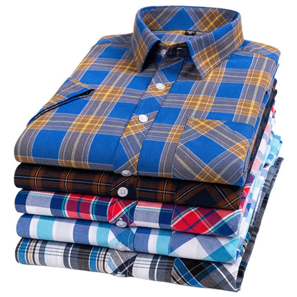 2026 Summer Cotton Plaid Short Sleeve Shirts For Men Plus Size Regular Fit Classic Young  England  Style Shirts Man's Clothing