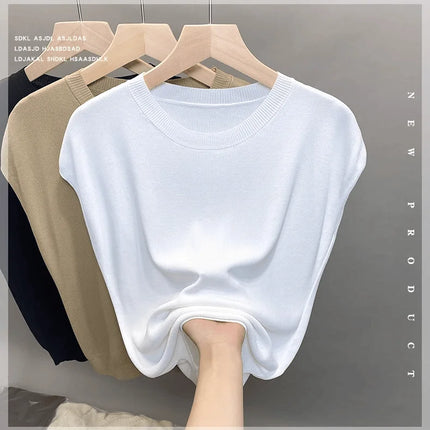 Ice Silk Knitted Top Women's Summer Thin Shoulder Drop Round Neck Short Sleeve T-shirt Pure Color Commute Style Outerwear