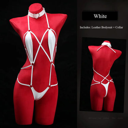 Sexy Lingerie Bodysuits Erotic Crotchless Leather Jumpsuit Nightgown Porn Sexy Underwear Costumes Lingerie Leashes Bundle Set