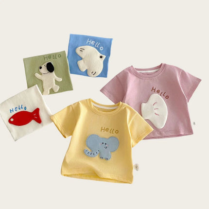 2026 New Summer Kids Clothes Cute Cartoon Patch Short Sleeve T-shirt 0-5Y Girls Boys Letter Print Casual Soft Undershirt