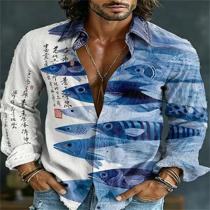 New psychedelic mandala 3D printed men's shirt with colorful gradient collar and long sleeved casual shirt