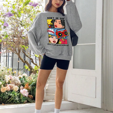 Cartoon Beauty Printing Sweatshirts For Womens Casual Comfortable Crewneck Hoodies Loose Fleece Warm Sportswear Clothes