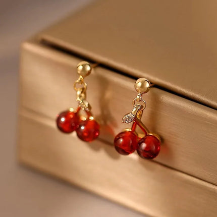 Sweet Red Cherry Pendant Necklace Dangle Stud Earrings Jewelry Set Shiny Gold Chain Zircon Women Trendy Jewelry