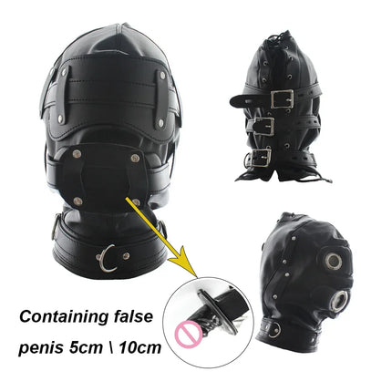 Leather Sexy Mask BDSM Adjustable Strap Character Party with Fake Penile Full Package Binding Couple Game Mask Flirting Hat 18+