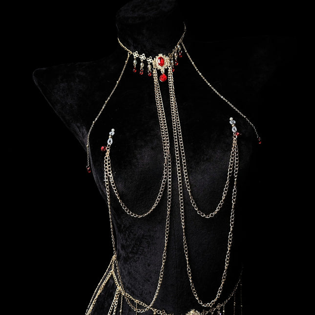 Red Ruby Nipple Clamps with Collar and Body Chain Waist Chain Sexy BDSM Training Adjustable Accessories for Women Adult Sex Toys