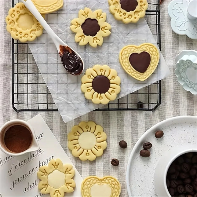 4pcs 3D Heart & Flower Cookie Cutter Mold Set Jam Sandwich Cookie Molds for Baking Valentine's Day Christmas Easter DIY Biscuit