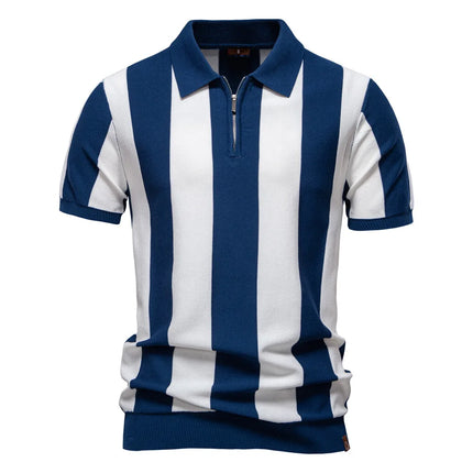 New Summer Lapel Short Sleeve Knitted Polo Shirt, European Size Men's Striped Polo, Trendy Men's Short Sleeve Top