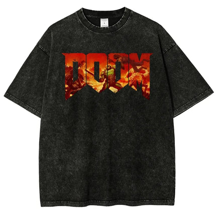 Classic Retro Shooting Game DOOM Peripherals Graphic Print T-shirt Men Women Vintage Washed Cotton Tee Oversized Casual New Tops