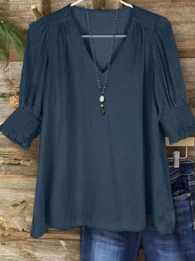Plus Size Bohemian Style Vacation Short-Sleeved Linen Blend Shirt Top for Women