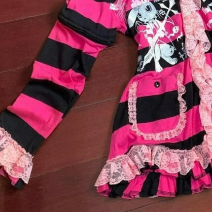 Japan Y2k Aesthetic Stripe Hoodies Women Vintage Lace Patchwork Rabbits Print Zipper Girls Sweatshirt Casual Harajuku Streetwear
